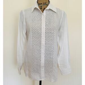 Talbots Womens Linen White Eyelet Lace Embroidered Long Sleeve Button Up Shirt S